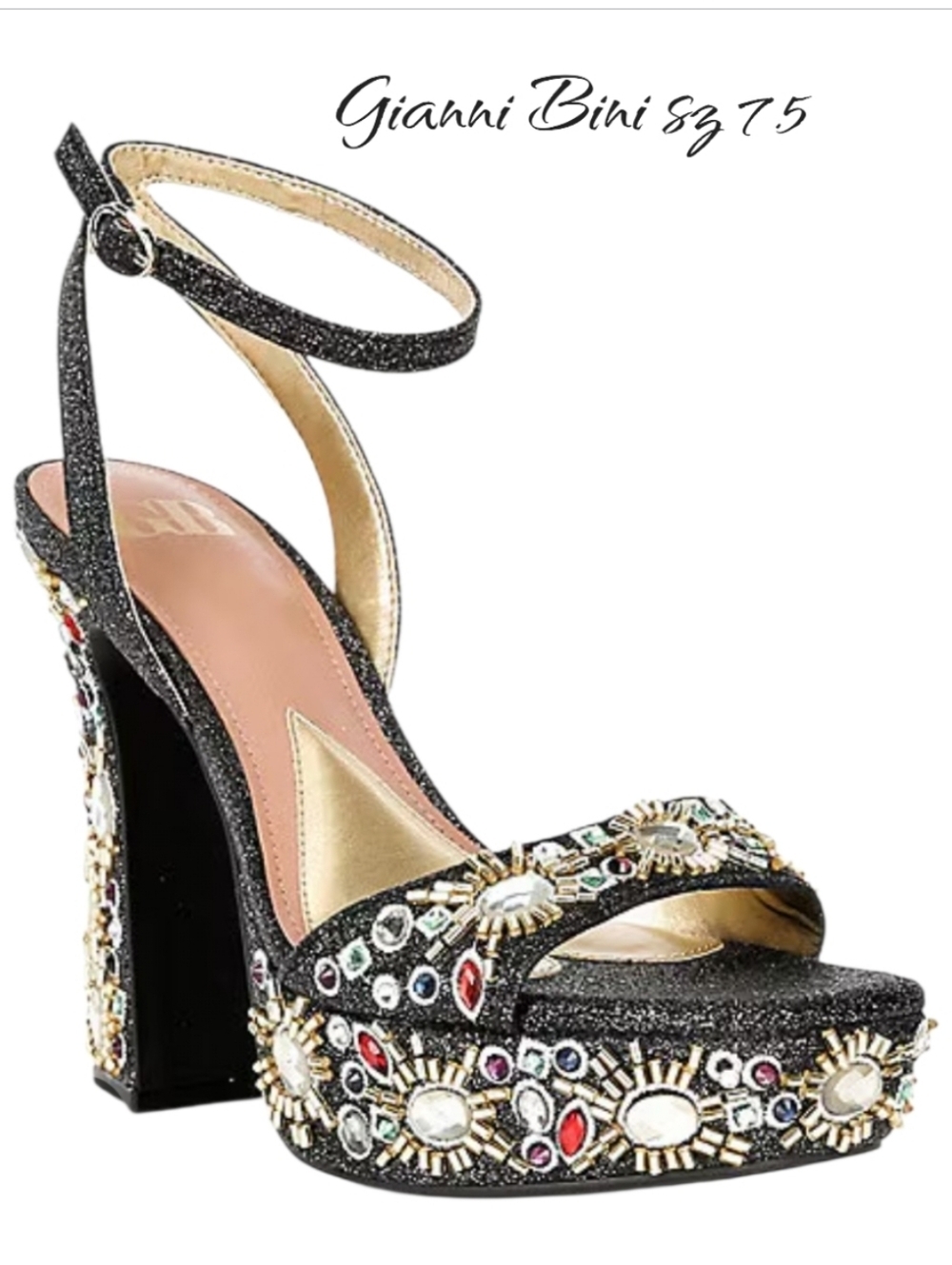 GB Gianni Bini Enchant-Ment Embellished Platform Sandals Black Glitter 7.5